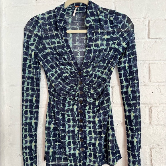 Tops - Free People Ruched Button Front Mesh Top Blue Green Print XS